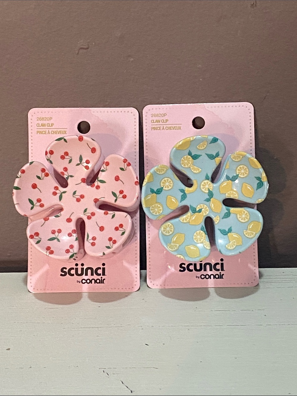 scunci Pink Cherry & Light Blue Lemon Floral Claw Clip Duo